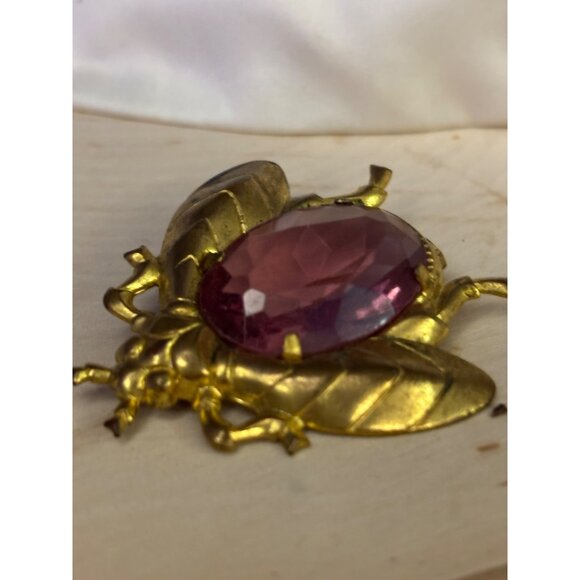Vintage Gold-Tone Bug Beetle Brooch With Pink Gemstone Accent 1950s - Picture 6 of 10